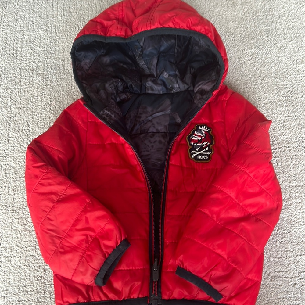 IKKS thin puffer. Size 3 years 98cm. Red and grey/black w tiger design.